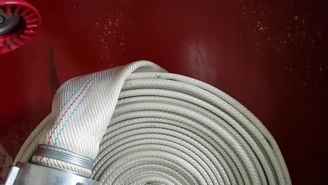 New fire hose close-up including aluminium piping and valves. Stock Footage 97721742