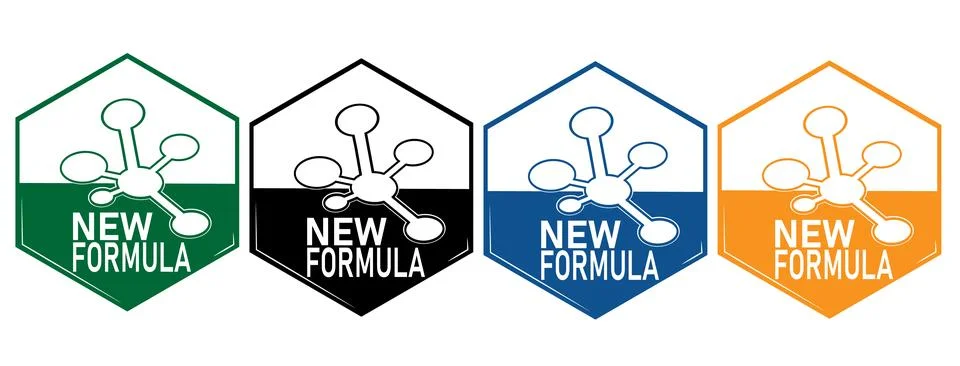 New Formula Hexagonal Badge Set with Molecule Structure Product Label Stock Illustration