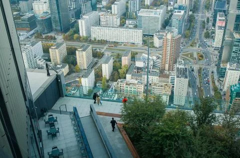 New freshly opened observation platform in Warsaw. People enjoying view fro.. Stock Photos
