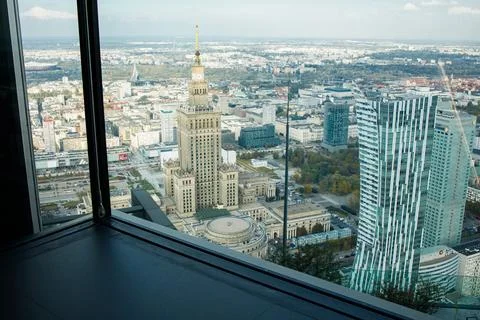 New freshly opened observation platform in Warsaw. Downtown panoramic view .. Stock Photos