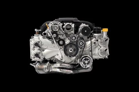 New generation car engine consuming less fuel, isolated on black background Stock Photos