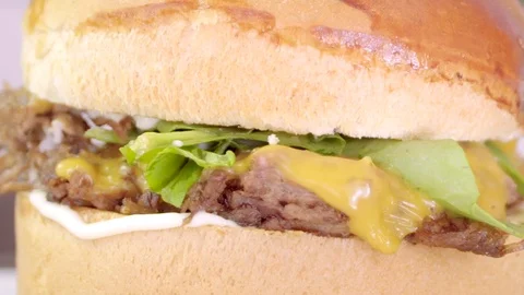 New generation Hamburger with diced lamb meat fried, brioche hamburger bun. Stock Footage 99521207