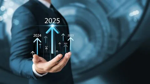 New goals for 2025, development plan for success, businessman shows Chart o.. Stock Photos