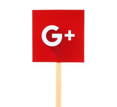 New Google Plus logo sign printed on paper, cut and pasted on wooden stick. Fotos Stock