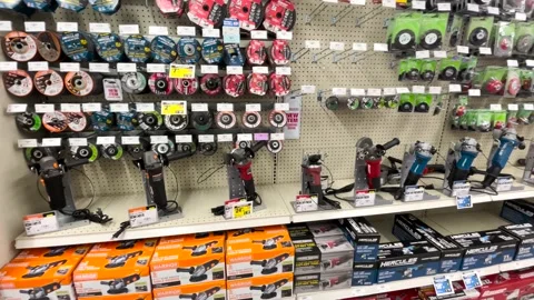 New Harbor Freight retail store pan of power tools section Stock Footage 173011350