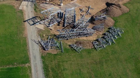 A new high voltage line is being built 4k 25fps video Stockbeeldmateriaal 306287778