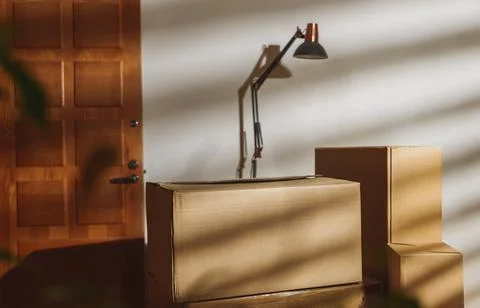 New home concept. Boxes in empty room near the entrance door. 写真素材