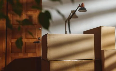 New home concept. Boxes in empty room near the entrance door. Stockfoto's