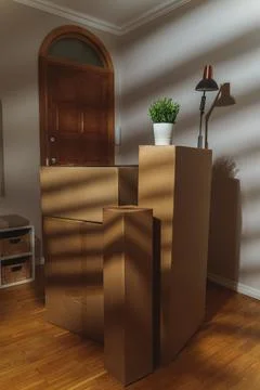 New home concept. Boxes in empty room near the entrance door. 写真素材