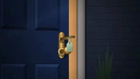 New Home Key Unlocking Front Door Golden Light Reveal Stock-Footage 347011121