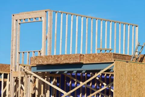 New house construction interior with exposed framing Stock Photos