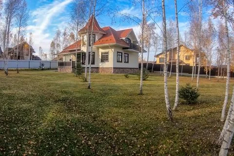New house with plot planted with birch trees. Beautiful home own Foto stock
