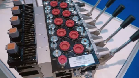 New hydraulic valve control unit with rows of levers presented at the exhibition Video stock 333417837