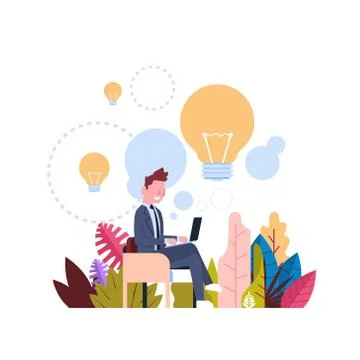 New idea concept over light lamp background businessman generate laptop office Illustrazione stock