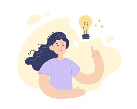 New idea light bulb concept. Young positive woman with lamp above her head Stock-Illustration