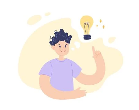 New idea light bulb concept. Young positive man with lamp above her head. Vector Stock Illustration