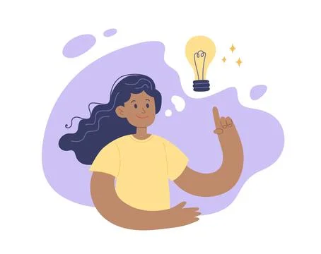 New idea light bulb concept. Young positive woman with lamp above her head Ilustración de archivo