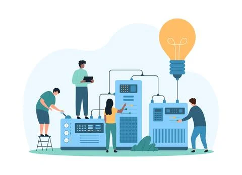 New idea, tech solution in manufacturing, tiny people work with light bulb and Stock Illustration