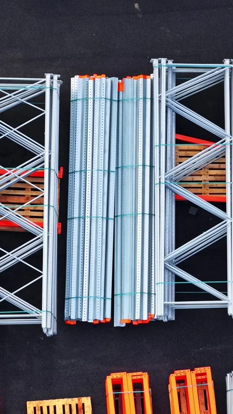 New industrial building elements ready for assembly, top down view Stock Footage 335899579