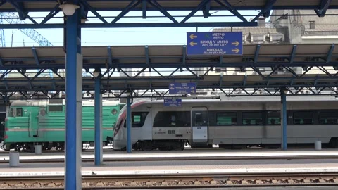 New inter-city train and empty platform at the Kyiv railroad terminal Stock Footage 141339438