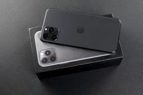 New Iphone 11 Pro Max back view on box Stock Photos