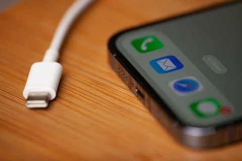 The new iphone 15 customized with a typec charger. Hincesti,Moldova 04.09.2023 Stock Photos