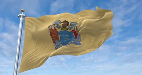 New Jersey flag with flagpole waving in rolling clouds looping, 4K Perfect Loop 库存影片 277478530