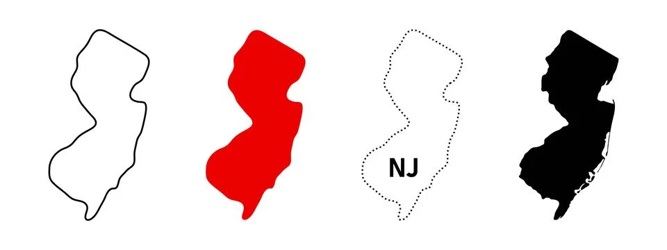New Jersey map icon set. State outline, solid fill, dotted NJ label sign an.. イラスト素材