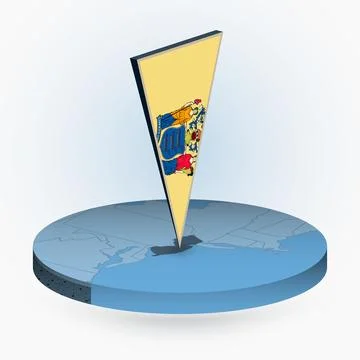 New Jersey map in round isometric style with triangular 3D flag of US State.. Stock Illustration