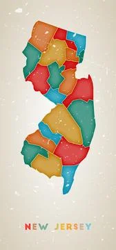 New Jersey map. Us state poster with colored regions. Old grunge texture. V.. Stock Illustration