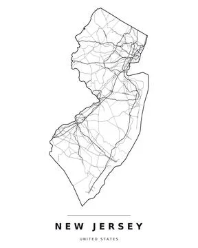 New Jersey NJ Map Counties Highways Roads Black White Editable Vector Stock Illustration