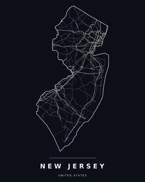 New Jersey NJ Map Counties Highways Roads Dark Mode Editable Vector Stock Illustration