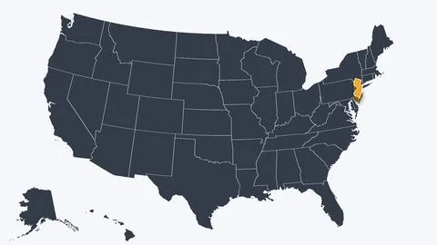 New Jersey Raised in 3D on US Election Map Teal and Amber Highlight, White Stock Illustration