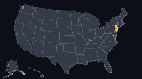 New Jersey Raised in 3D on US Election Map Teal and Amber Highlight, Black Stock Illustration