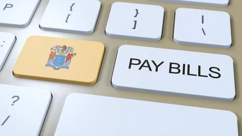 New Jersey State Flag and Pay Bills Text on Button 3D Illustration Stock Illustration