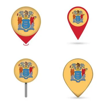 New Jersey State Flag Map Pin Icons Set Collection Stock Illustration