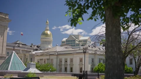 New Jersey State House Capitol Building Dolly Left from Tree Foreground Stock Footage 338028143