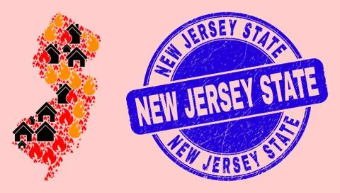 New Jersey State Map Composition of Fire and Buildings and Textured New Jersey Ilustración de archivo