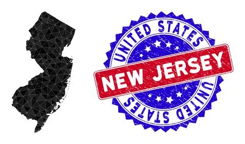 New Jersey State Map Polygonal Mesh and Scratched Bicolor Seal Stock Illustration
