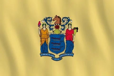 New Jersey US state flag with waving effect, official proportion. Stock Illustration