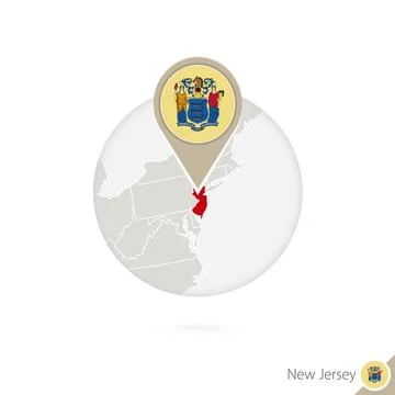 New Jersey US State map and flag in circle. Map of New Jersey, New Jersey f.. Stock Illustration