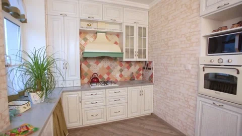 New kitchen in a light beige tone Stock Footage 153803973