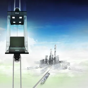 New laptop in sky space elevator concept above city illustration イラスト素材