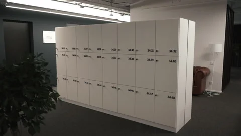 New lockers in modern renovated empty industrial tech hipster office Stock Footage 184457725
