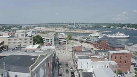 New London, Connecticut, Drone Aerial, Cityscape and Gold Star Memorial Bridge Stock Footage