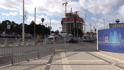 New mall and light train construction sites in Petach Tikva Jabotinsky St. Stock Footage 100819886