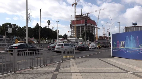 New mall and light train construction sites in Petach Tikva Jabotinsky St. Stock Footage 100839313