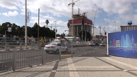 New mall and light train construction sites in Petach Tikva Jabotinsky St. Stock Footage 100841021
