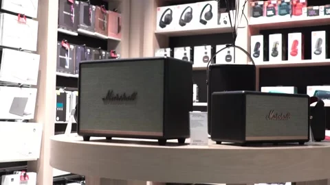 The new Marshall bluetooth speackers in the store Stock Footage 240193785