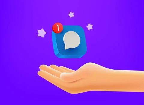 New message concept. Hand with chat app button. 3d vector mobile application  Stock Illustration